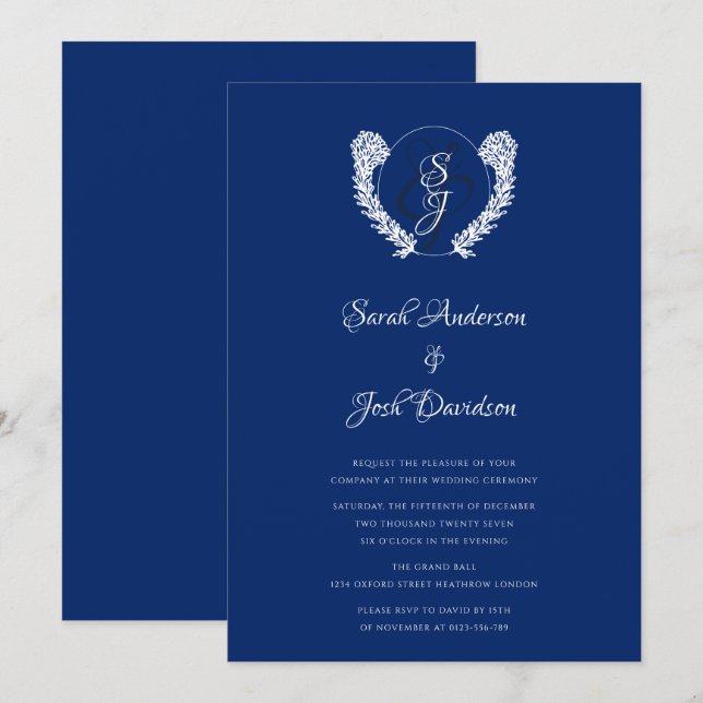 Royal Blue Vintage Monogram Classic  Invitation (Front/Back)