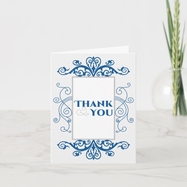 Royal Blue Vintage Swirls Wedding Thank You (Front)