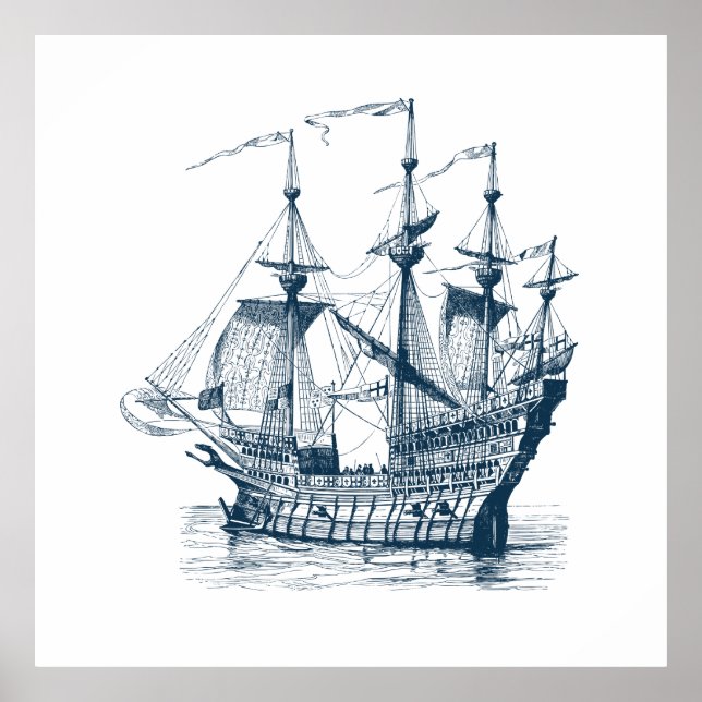 Royal-Blue Vintage wind Sailing Boat Poster (Front)