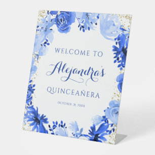 Royal Blue Watercolor Floral Gold Quinceanera Pedestal Sign