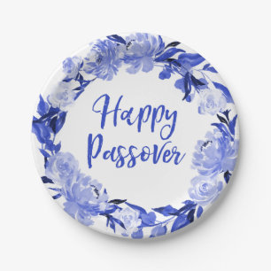 Royal Blue Watercolor Floral Happy Passover Paper Plate