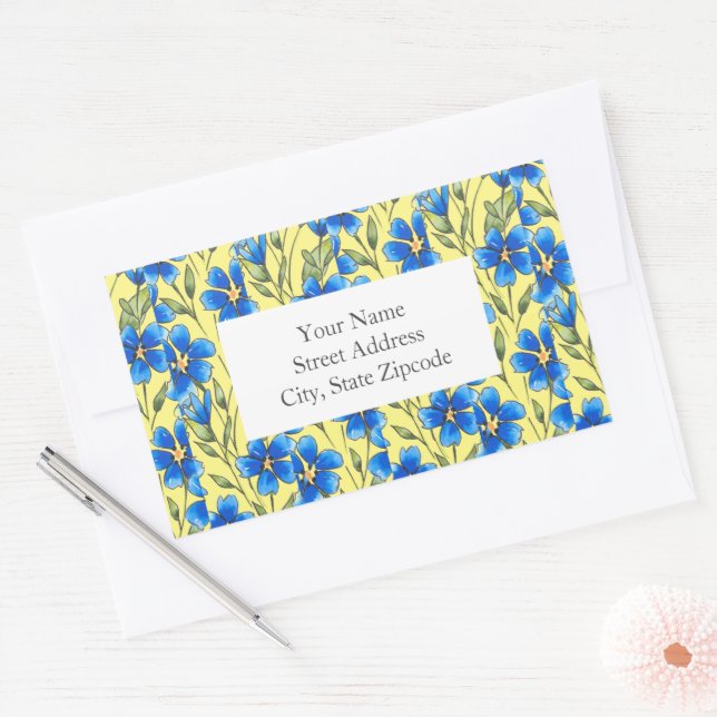 Royal Blue Watercolor Floral Stem Motif Étiquettes (Enveloppe)