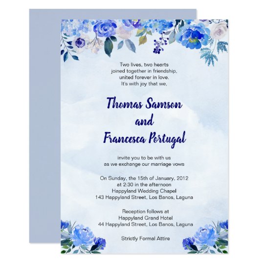 Royal Blue Watercolor Floral Wedding Invitation Zazzle Ca