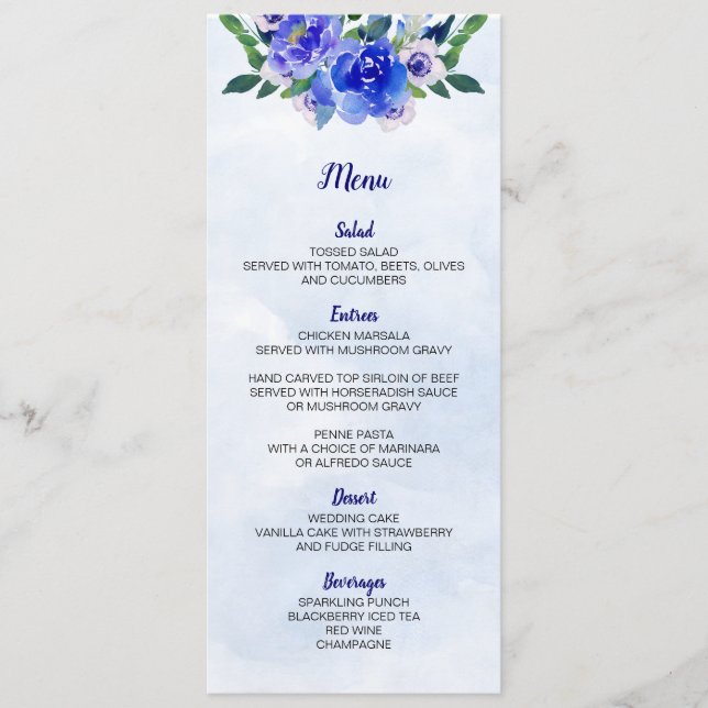 Royal Blue Watercolor Floral Wedding Menu Card (Front)