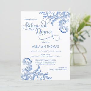 Royal Blue Watercolor Flourish Rehearsal Dinner Invitation