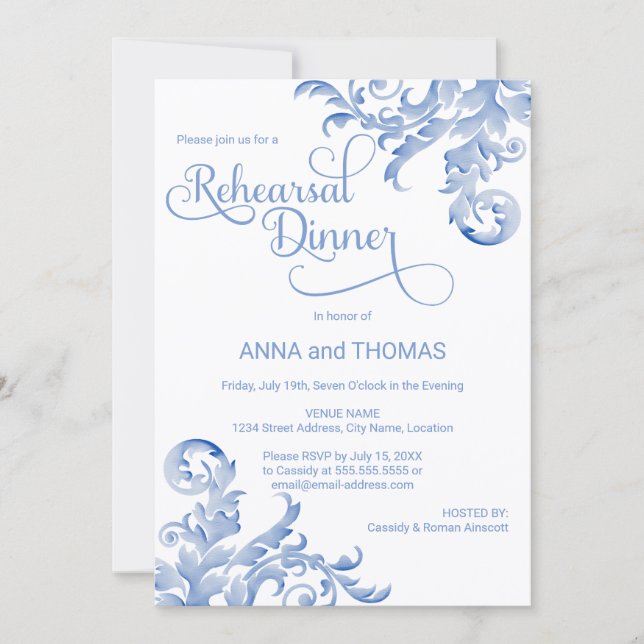 Royal Blue Watercolor Flourish Rehearsal Dinner Invitation (Front)