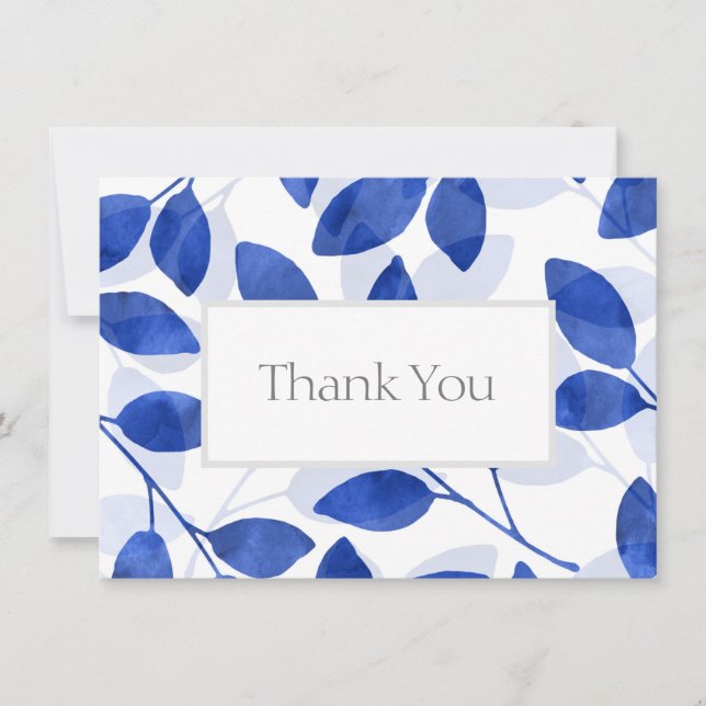 Royal Blue Watercolor Leaves  Thank You Card (Front)
