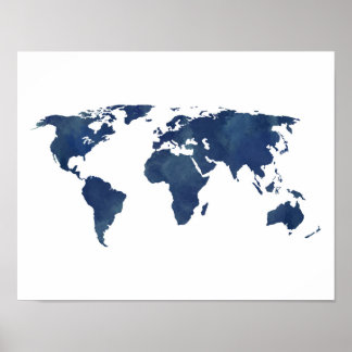 Royal Blue Watercolor World Map Poster