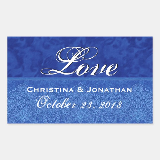 Royal Blue Wedding Love Damask and Ribbon Sticker (Front)