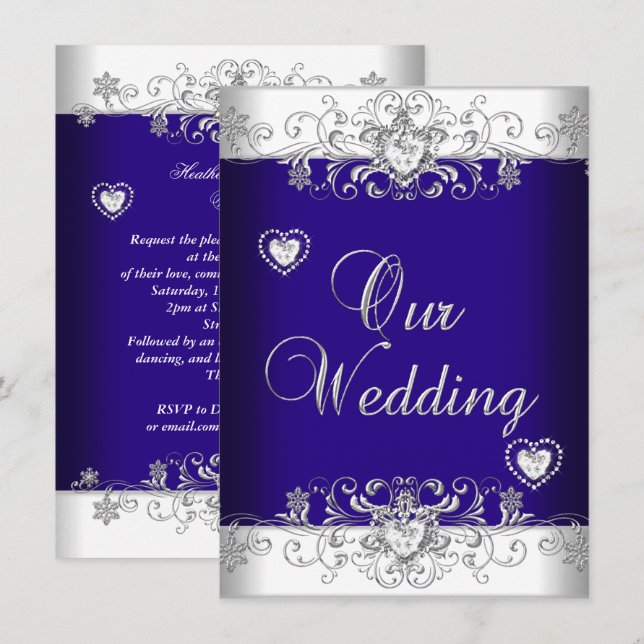 Royal Blue Wedding Silver Diamond Hearts 2 Invitation (Front/Back)