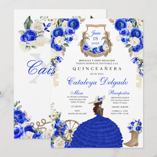Royal Blue Western Fairytale Princess  Quinceañera Invitation (Front/Back)