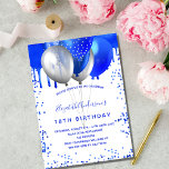 Royal blue white balloons birthday invitation<br><div class="desc">A white background. Decorated with royal blue faux glitter drips paint dripping look,  sparkles. Royal blue and faux silver balloons. Personalize and add a name and party details. The name is written with a hand lettered style script.</div>