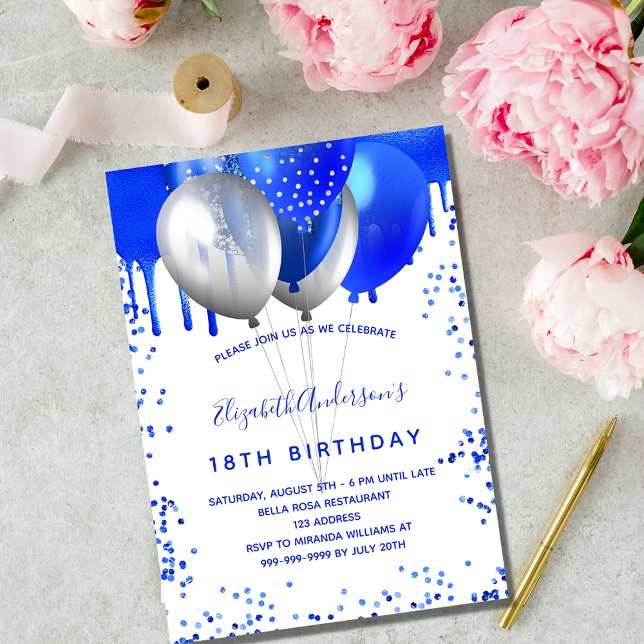 Royal blue white balloons birthday invitation (Creator Uploaded)