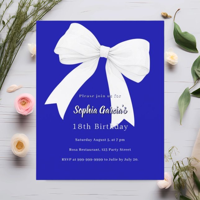 Royal blue white bow Birthday invitation (Creator Uploaded)