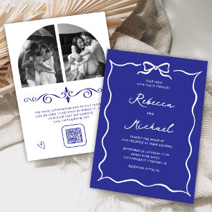Royal Blue White Bow QR Code Photo Wedding Invitation