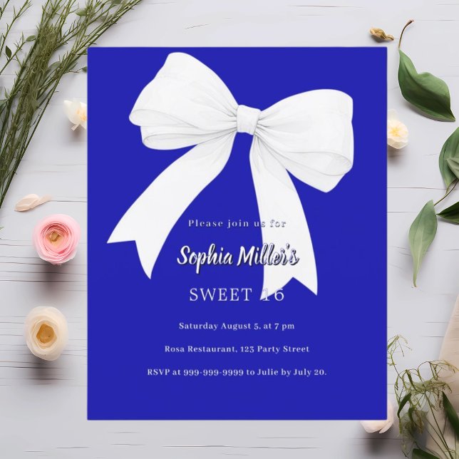 Royal blue white bow Sweet 16 invitation (Creator Uploaded)
