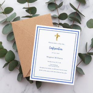 Royal blue white boy Confirmation invitation
