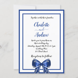 Royal blue white elegant bow script wedding invitation