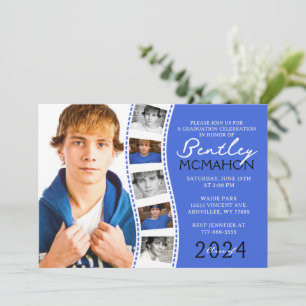 Royal Blue & White Filmstrip 6 Photo Graduation In Invitation