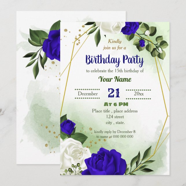 royal blue white floral geometric birthday party invitation (Front/Back)
