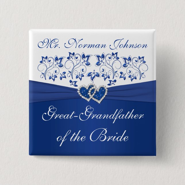 Royal Blue White Floral Grandfather of the Bride 2 Inch Square Button (Front)