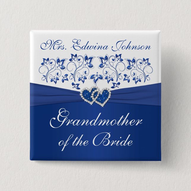 Royal Blue White Floral Grandmother of the Bride 2 Inch Square Button (Front)