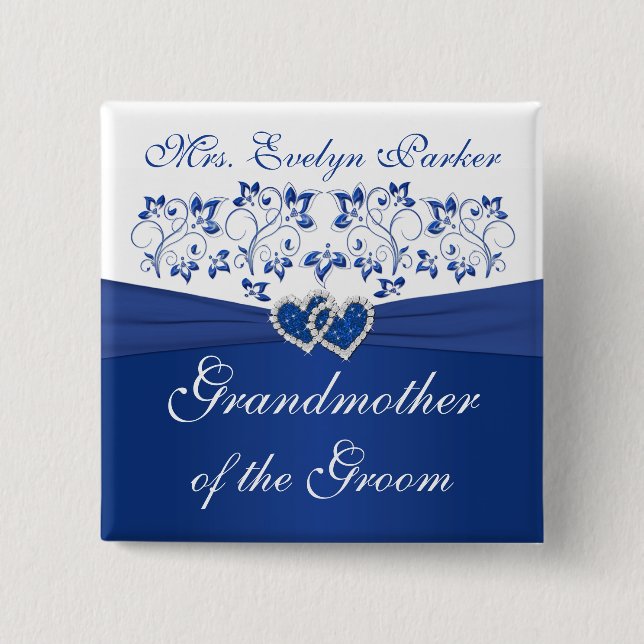 Royal Blue White Floral Grandmother of the Groom 2 Inch Square Button (Front)