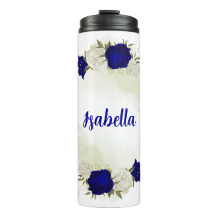 royal blue white floral greenery  thermal tumbler