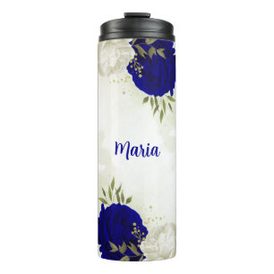 royal blue white floral greenery  thermal tumbler