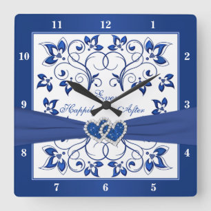 Royal Blue, White Floral Heart Happily Ever After Square Wall Clock