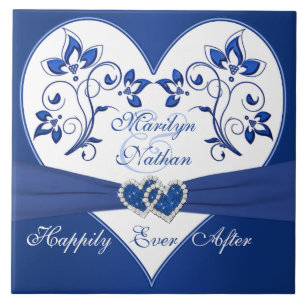 Royal Blue, White Floral Heart Wedding Tile