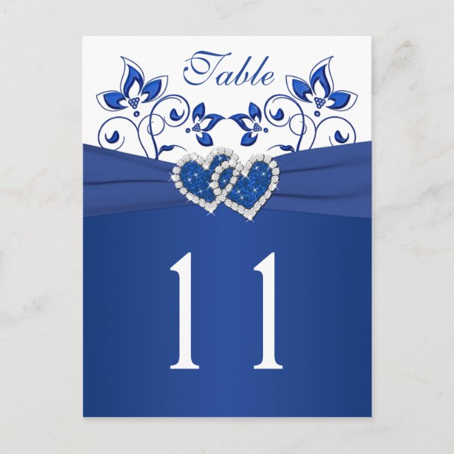 Royal Blue, White Floral Hearts Carte Numéro de ta (Devant)