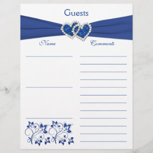 Royal Blue, White Floral Hearts Guest Book Paper