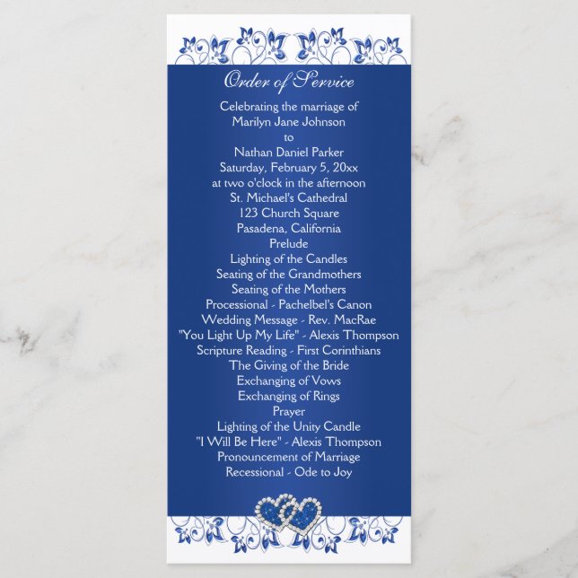 Royal Blue, White Floral Hearts Wedding Program (Front)