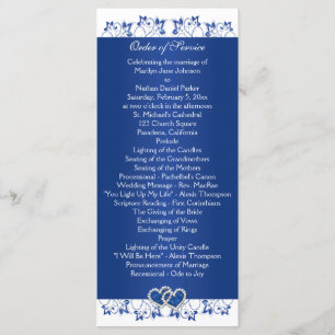 Royal Blue, White Floral Hearts Wedding Program