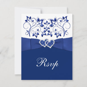 Royal Blue, White Floral, Hearts Wedding RSVP