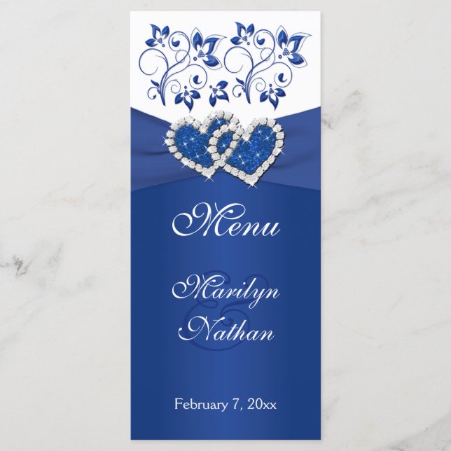 Royal Blue, White Floral Joined Hearts Menu Card (Front)