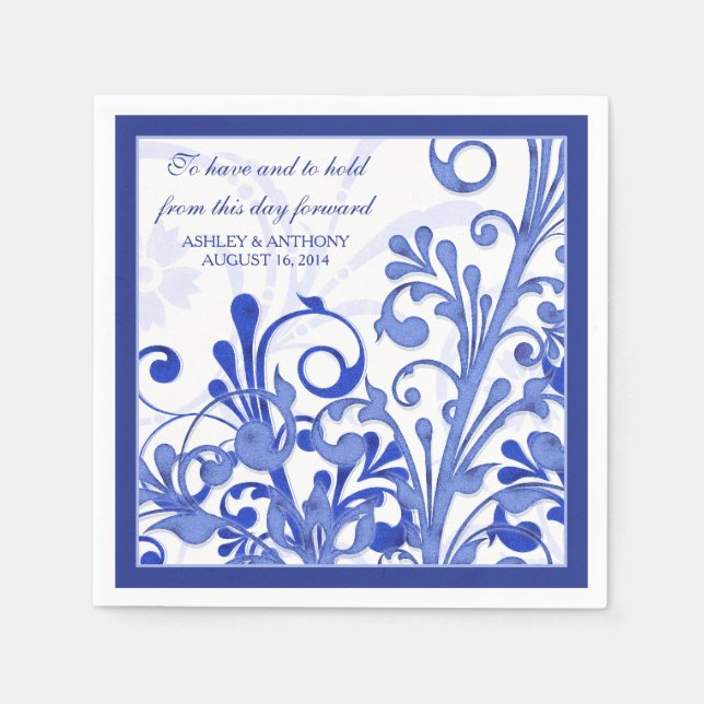 Royal Blue White Floral Personalized Wedding Napkin (Front)