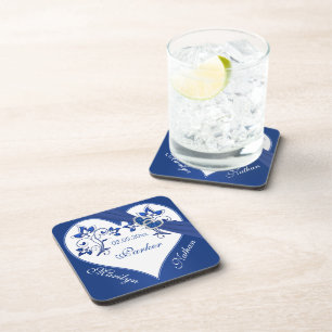 Royal Blue, White Floral Wedding Coaster Set (6)