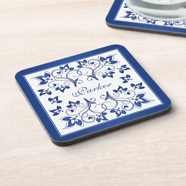 Royal Blue, White Floral Wedding Coaster Set (6) (Left Side)