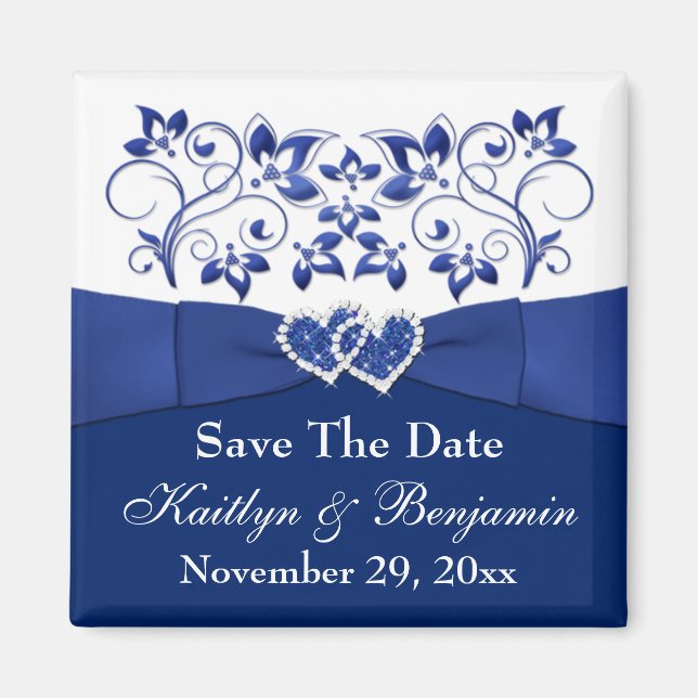 Royal Blue, White Floral Wedding Favour Magnet 2 (Front)