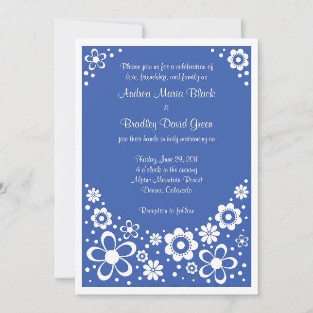 Royal Blue White Floral Wedding Invitation (Front)