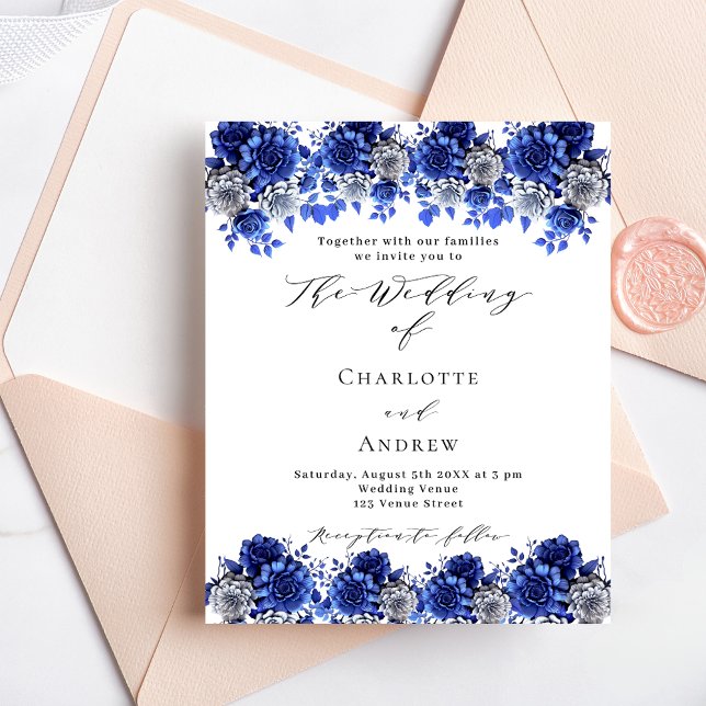 Royal blue white florals budget wedding invitation (Creator Uploaded)