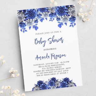 Royal blue white flowers boy baby shower invitation postcard