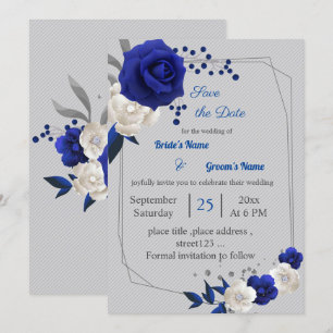royal blue white flowers geometric save the date invitation