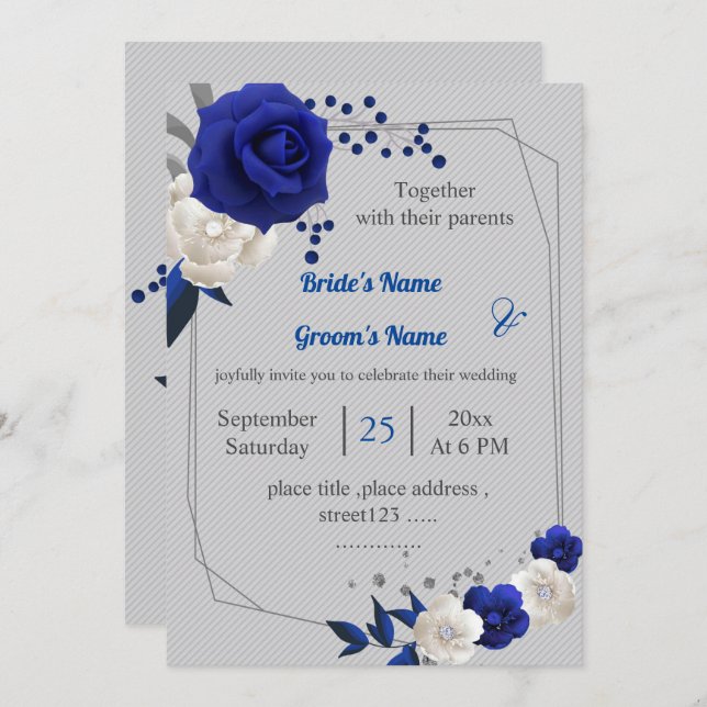 royal blue white flowers geometric wedding invitation (Front/Back)
