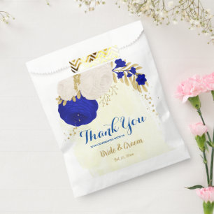 royal blue white flowers gold botanical favour bag