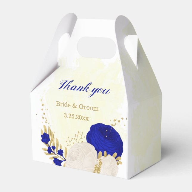 royal blue & white flowers gold botanical wedding favor box (Front Side)