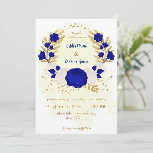 royal blue & white flowers gold botanical wedding invitation (Standing Front)