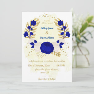 royal blue & white flowers gold botanical wedding invitation